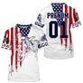 Maillot motocross MX Racing USA blanc rouge bleu avec drapeau américain et motard, prénom numéro 01 imprimés
