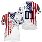 Maillot motocross MX Racing USA blanc rouge bleu avec drapeau américain et motard, prénom numéro 01 imprimés