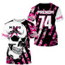 Maillot motocross rose camo avec grand crâne MX et lettrage Moto Racing, prénom numéro 74 imprimés