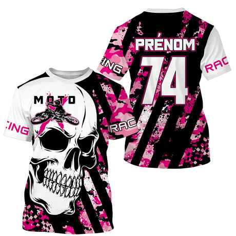 Maillot Cross Numéro Et Nom Personnalisé, Crâne MX UPF Rose Camo Dirt Bike, Moto Tout-Terrain - CT17122231 - T-shirt Col Rond 