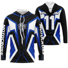 Anti-UV à capuche motocross bleu hexagonal moderne, design dirt bike personnalisé pour pilote