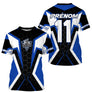 Maillot motocross bleu blanc noir hexagonal avec écusson MX et prénom numéro 11 imprimés, design moderne