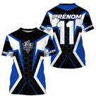 Maillot motocross bleu blanc noir hexagonal avec écusson MX et prénom numéro 11 imprimés, design moderne