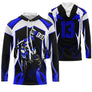 Anti-UV à capuche motocross bleu damier photo, design dirt bike ultra personnalisé pour pilote