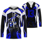 Anti-UV à capuche motocross bleu damier photo, design dirt bike ultra personnalisé pour pilote
