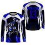 Anti-UV manches longues motocross bleu damier, tenue piste avec prénom numéro et photo personnels