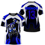Maillot motocross bleu damier hexagonal avec motard et prénom numéro 13, photo personnalisable intégrée