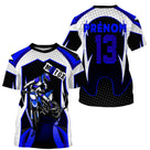 Maillot motocross bleu damier hexagonal avec motard et prénom numéro 13, photo personnalisable intégrée