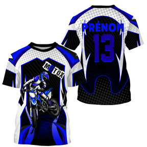 Maillot motocross bleu damier hexagonal avec motard et prénom numéro 13, photo personnalisable intégrée