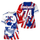 Maillot motocross France blanc avec grand crâne dessiné et drapeau tricolore, prénom numéro 74 imprimés