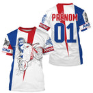 Maillot motocross France blanc tricolore avec motard sketch et drapeau, lettrage Racing prénom numéro 01