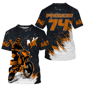Maillot motocross noir orange Racing avec motard MX et lettrage Racing, prénom numéro 74 imprimés