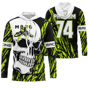 Sweat motocross blanc vert lime avec grand crâne au casque MX et éclats dynamiques, prénom numéro 74