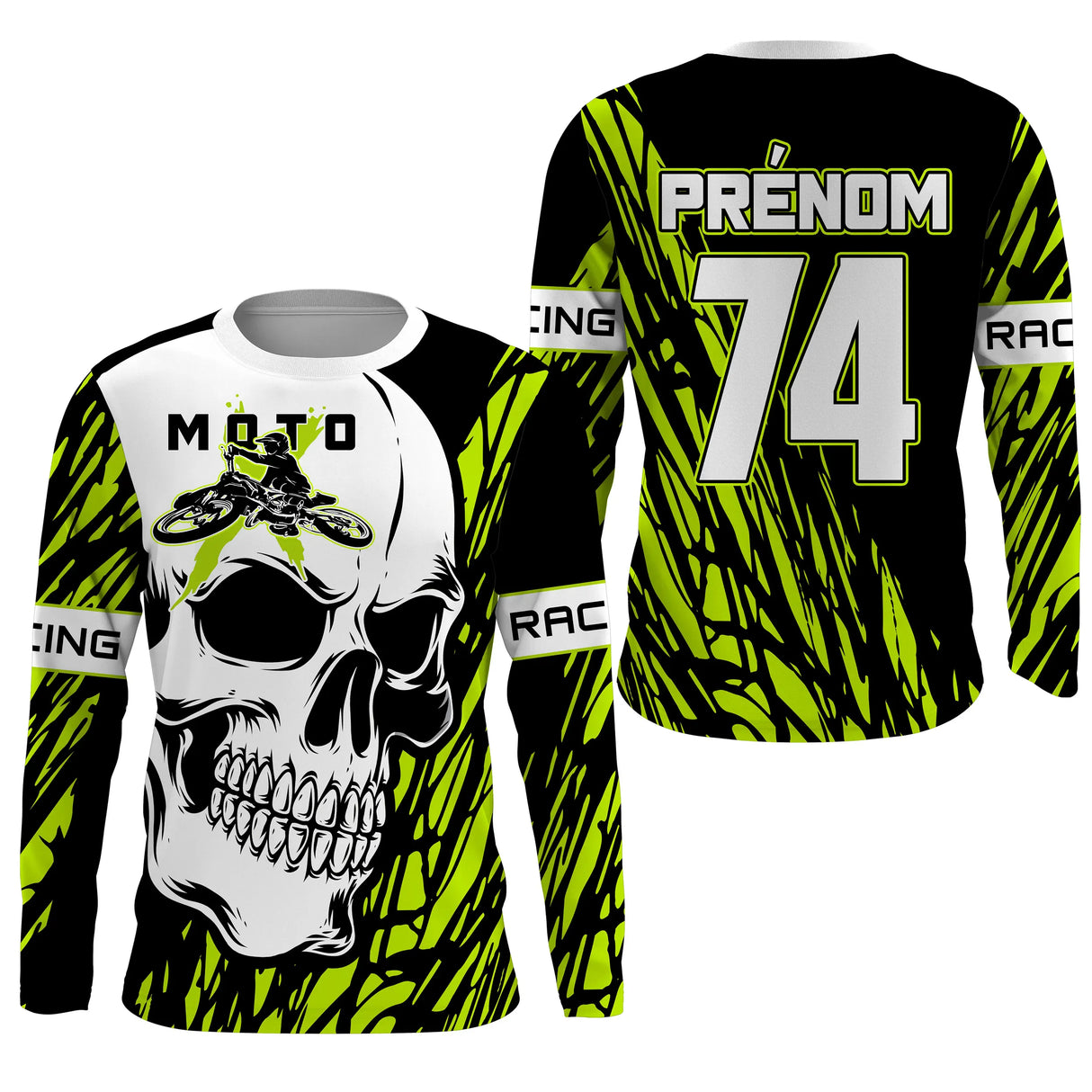 Anti-UV manches longues sweat motocross vert lime crâne, tenue piste avec prénom et numéro pour pilote