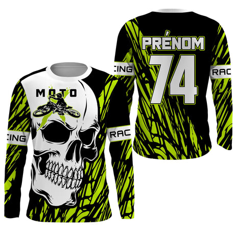 Anti-UV manches longues sweat motocross vert lime crâne, tenue piste avec prénom et numéro pour pilote