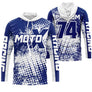 Sweat motocross Moto X bleu vif électrique avec lettrage Racing, prénom numéro 74 imprimés