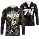 Maillot motocross orange noir avec motif chaîne de transmission et lettrage Moto Racing, prénom et numéro 74 imprimés