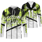 Maillot motocross blanc noir vert citron avec éclats de peinture et lettrage Extreme Racing, prénom et numéro 11 imprimés
