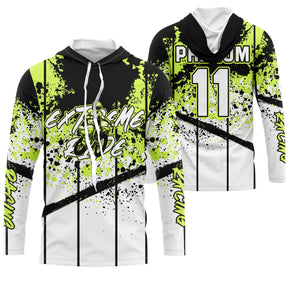 Maillot motocross blanc noir vert citron avec éclats de peinture et lettrage Extreme Racing, prénom et numéro 11 imprimés