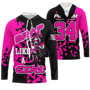 Maillot motocross rose noir avec silhouette pilote féminine et slogan Brap like a girl, prénom et numéro 34 imprimés
