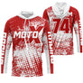 Maillot motocross rouge blanc avec éclats halftone et lettrage Moto X Racing, prénom et numéro 74 imprimés