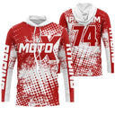 Maillot motocross rouge blanc avec éclats halftone et lettrage Moto X Racing, prénom et numéro 74 imprimés