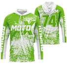Maillot motocross vert pomme blanc avec éclats halftone et lettrage Moto X Racing, prénom numéro 74 imprimés