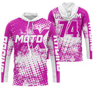 Maillot motocross rose fuchsia blanc avec éclats halftone et lettrage Moto X Racing, prénom numéro 74 imprimés