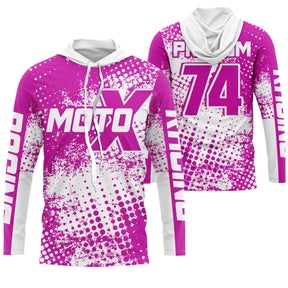 Maillot motocross rose fuchsia blanc avec éclats halftone et lettrage Moto X Racing, prénom numéro 74 imprimés