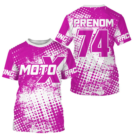 Maillot Cross Protection UV Rose, Cadeau Personnalisé Pilote Moto Cross, Courses Moto Tout-Terrain - MZ27122203 - T-shirt all over col rond