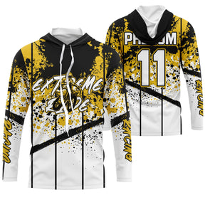 Maillot motocross jaune noir avec éclats de peinture et lettrage Extreme Racing, prénom et numéro 11 imprimés