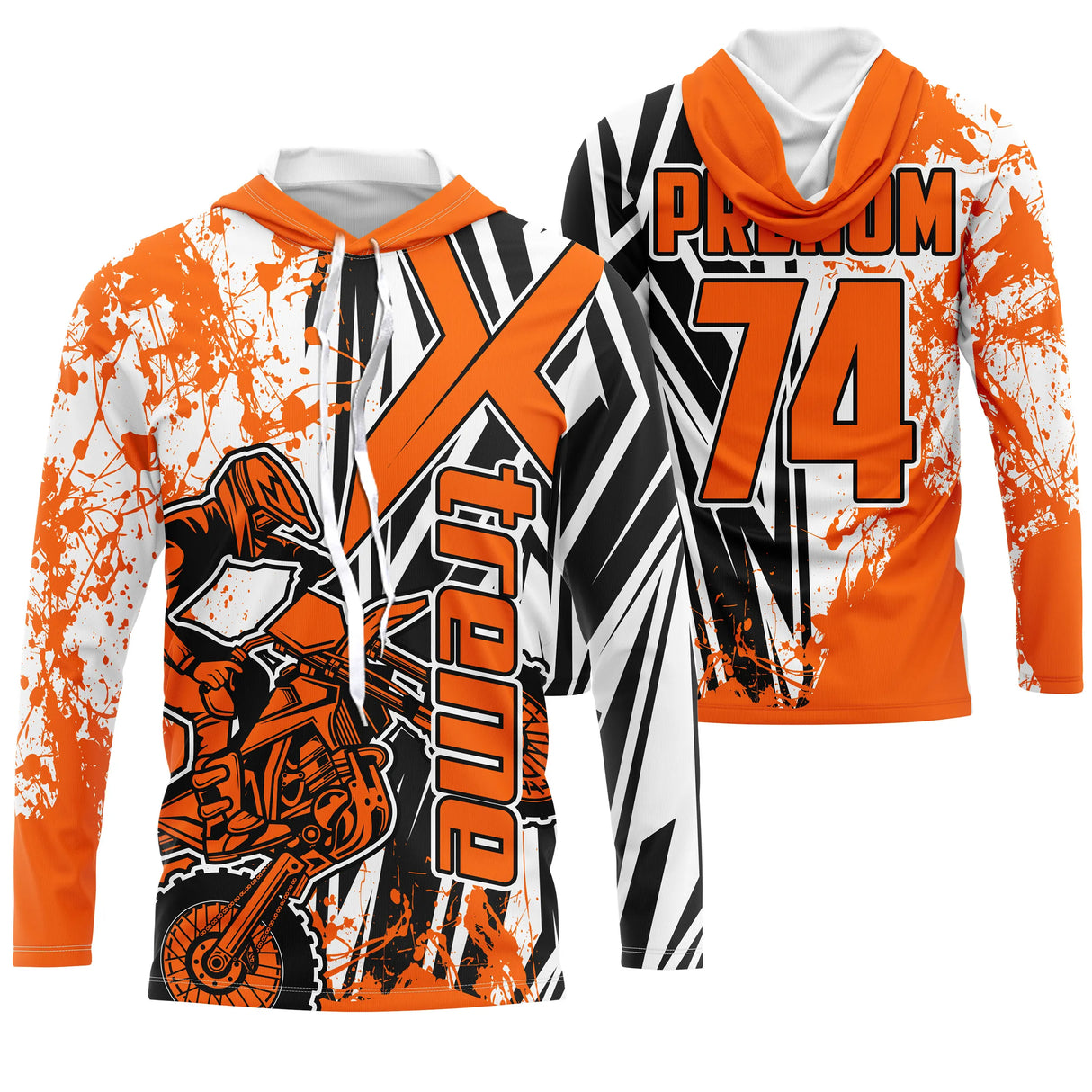 Maillot motocross orange blanc avec pilote en saut et lettrage Xtreme, prénom et numéro 74 imprimés