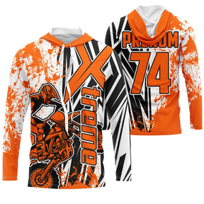 Maillot motocross orange blanc avec pilote en saut et lettrage Xtreme, prénom et numéro 74 imprimés