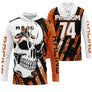 Maillot motocross orange noir avec tête de mort aviateur et lettrage Racing, prénom et numéro 74 imprimés