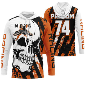 Maillot motocross orange noir avec tête de mort aviateur et lettrage Racing, prénom et numéro 74 imprimés