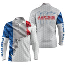 Polo manches longues golf unisexe blanc éclaboussure tricolore clubs alignés slogan La Vie Pleine Choix tissu respirant