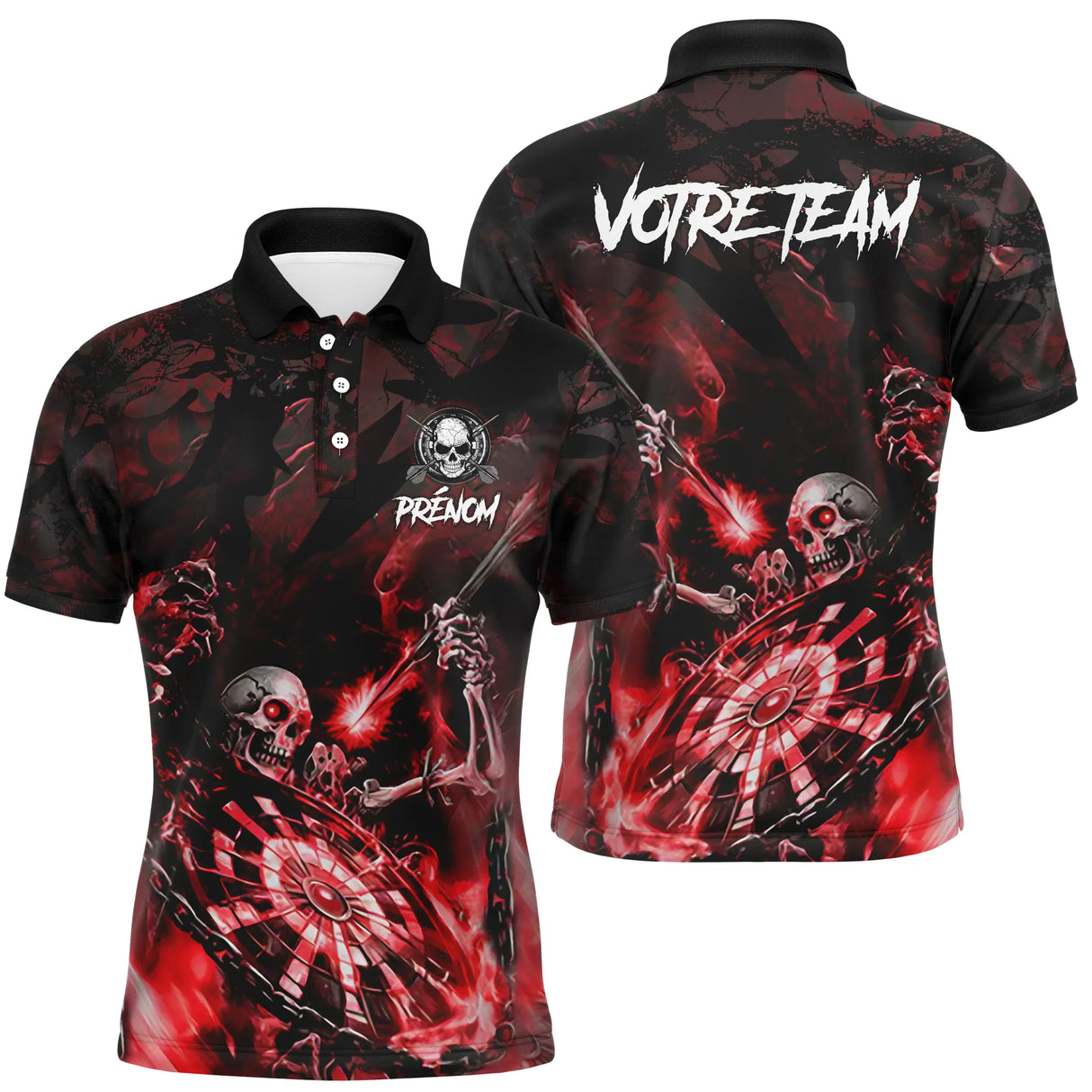 T-shirt Polo Darts Skull Personnalisé – Style Gothique Flamme | Vêtements Équipe Fléchettes Homme - A06172501