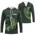 T-shirt anti-UV à capuche pêche silure vert kaki avec motif carnassier et marquage prénom personnalisé