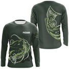 T-shirt manches longues anti-UV pêche silure vert kaki avec motif silure et prénom personnalisable