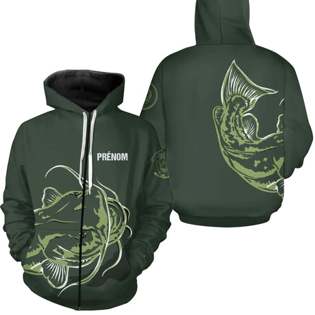 Sweat, Hoodie & T-Shirt Pêche Silure – Prénom Personnalisé | Tenue Pêcheur Originale - A07072501 - Sweat à capuches zippé