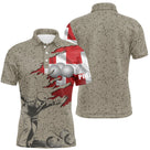Polo pétanque Suisse homme beige sablé avec drapeau suisse rouge et blanc déchiré et silhouette bouliste