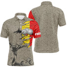 Polo pétanque Belgique homme beige sablé avec drapeau belge noir jaune rouge déchiré et silhouette bouliste