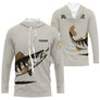 T-shirt anti-UV à capuche pêche sandre blanc avec motif sandre et marquage prénom personnalisé pour pêcheur