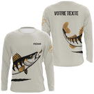 T-shirt manches longues pêche sandre blanc avec motif sandre brun-noir, prénom et texte personnalisable au dos
