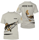 T-shirt pêche sandre personnalisé col rond blanc avec motif sandre stylisé brun-noir et prénom sur la poitrine