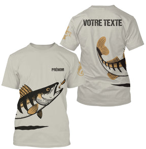 T-shirt pêche sandre personnalisé col rond blanc avec motif sandre stylisé brun-noir et prénom sur la poitrine