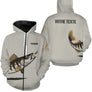 Sweat zippé pêche sandre blanc avec motif sandre stylisé all-over et prénom personnalisable pour pêcheur