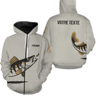 Sweat zippé pêche sandre blanc avec motif sandre stylisé all-over et prénom personnalisable pour pêcheur