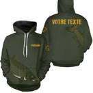 Sweat à capuche poche kangourou pêche carpe vert kaki avec motif carpe doré, prénom et texte au dos