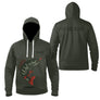 Sweat à capuche poches zippées pêche perche vert kaki, motif perche carnassier all-over et prénom personnalisé